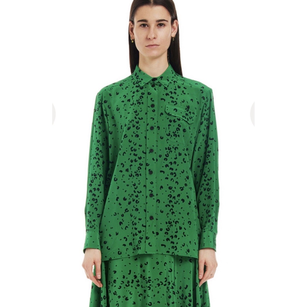 Kenzo Silk Shirt Blouse Women's Size 36 XS Long Sleeve Buttons Leopard Green